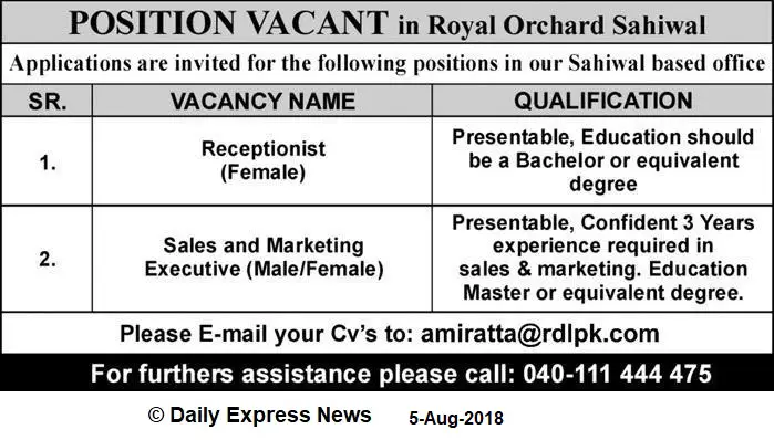Sales and Marketing Executive Jobs in Royal Orchard