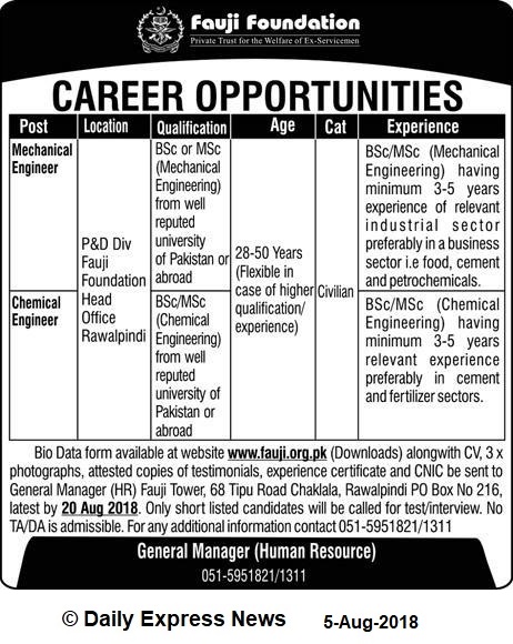 Engineering Jobs at Fauji Foundation Pakistan 2018