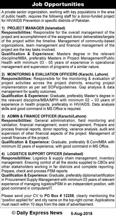 Project Manager, Monitoring Evaluation Officers,Admin and Finance Officer,Logistics support officers Jobs