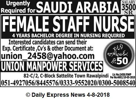 Female Nursing Staff jobs at saudi arabia 2019