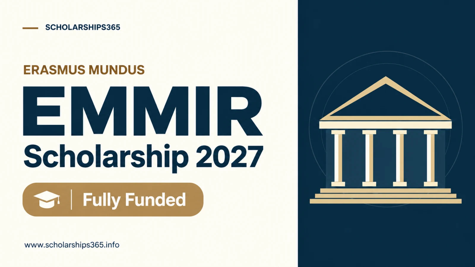 EMMIR Erasmus Mundus Scholarship 2027 - Fully Funded, in the Scholarships365 cream, navy and gold design.