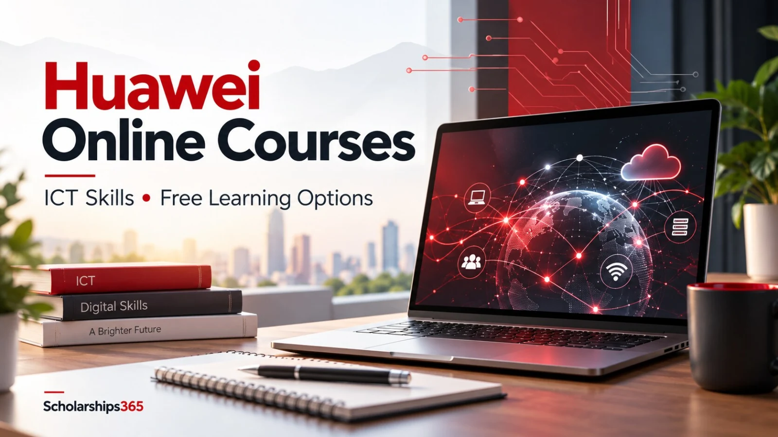 Huawei free online courses illustrated with a laptop, network connections and cloud technology