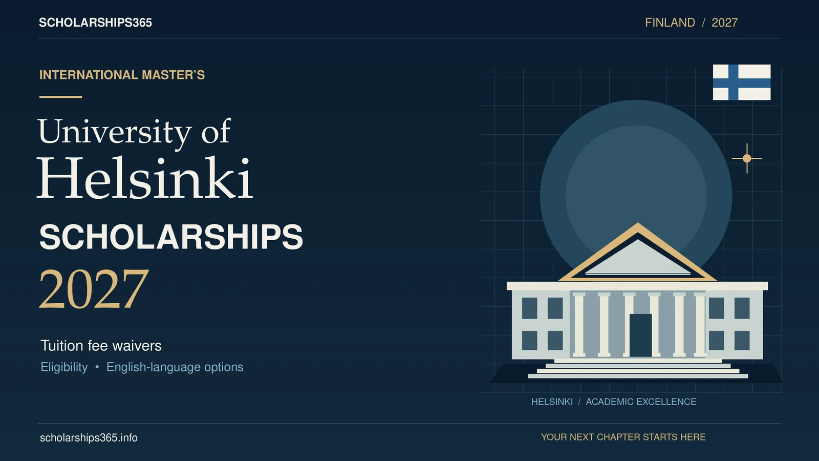 University of Helsinki Scholarships 2027: navy and gold design with Finnish flag and original academic-building illustration