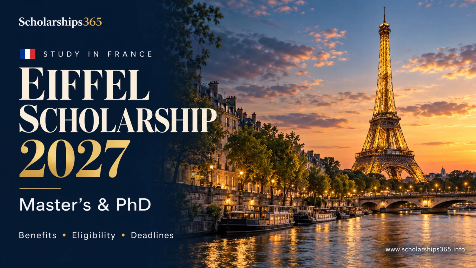 Eiffel Scholarship 2027 in France for master’s and PhD study, with the Eiffel Tower and Paris skyline at sunset