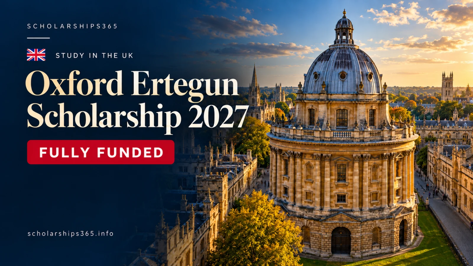 Oxford Ertegun Scholarship 2027 for master’s and DPhil humanities study, with the Radcliffe Camera at sunset.