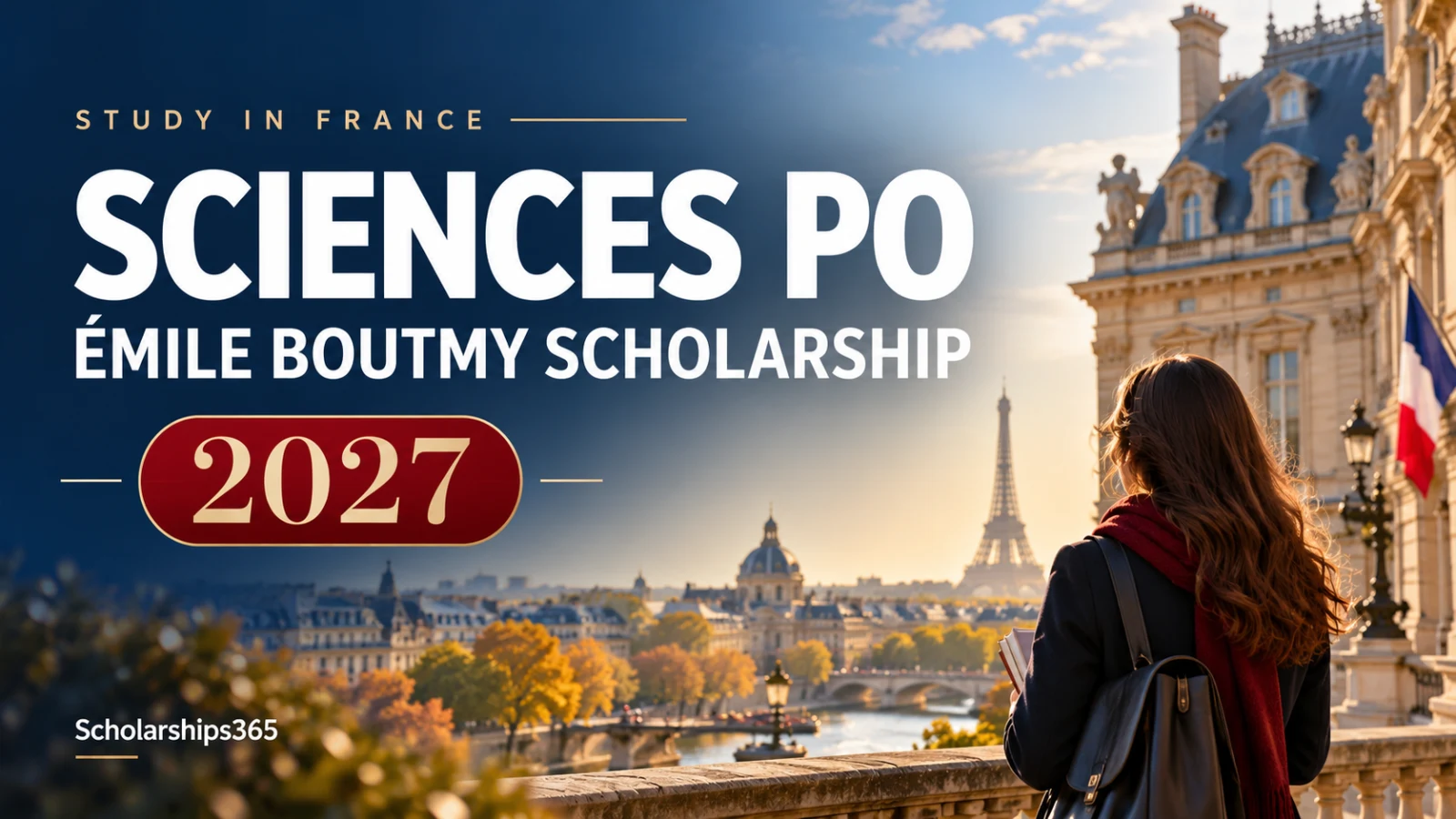 Sciences Po Émile Boutmy Scholarship 2027 in France — editorial illustration of a student overlooking Paris.
