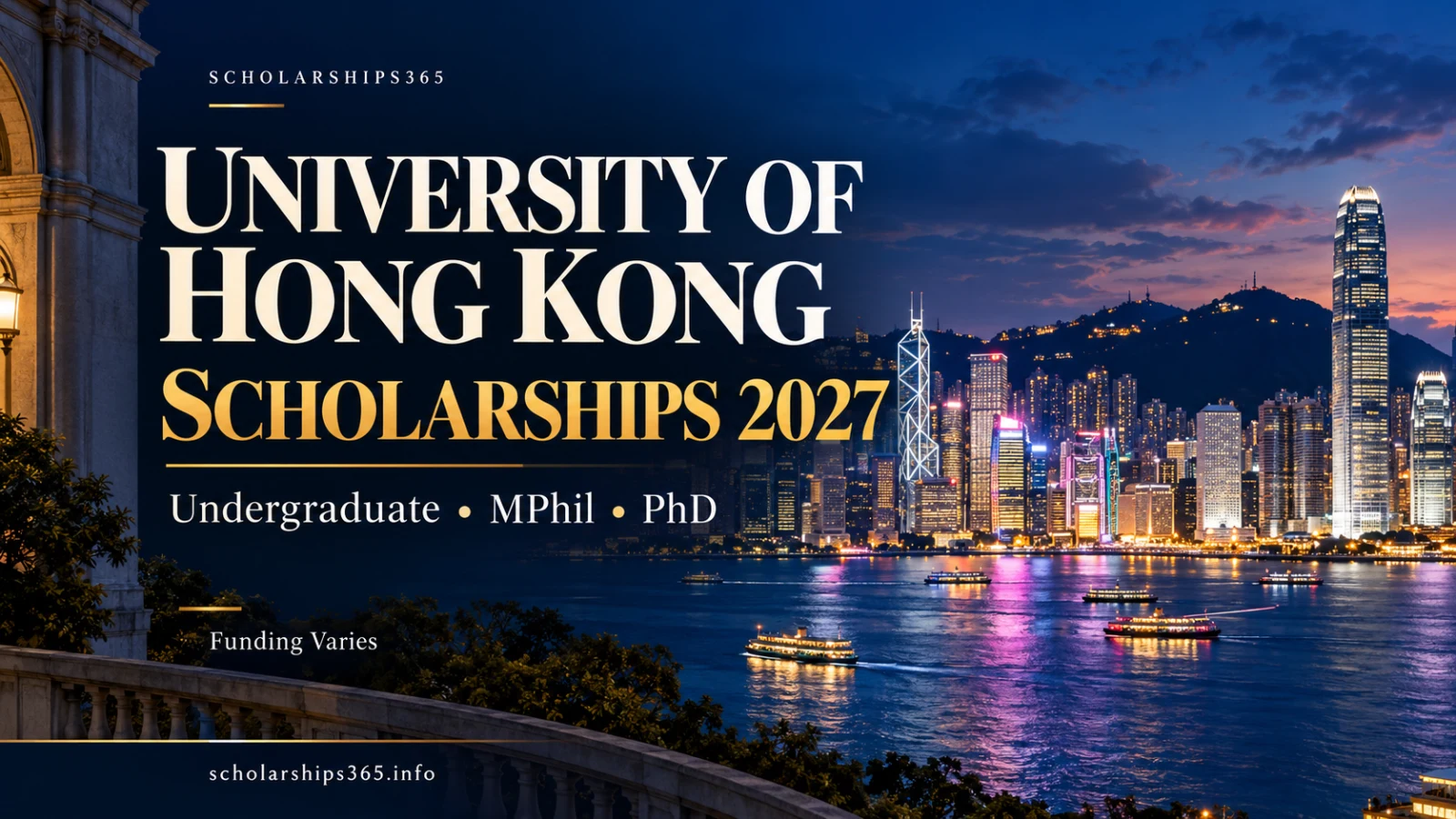 University of Hong Kong Scholarships 2027 for undergraduate, MPhil and PhD study, with Hong Kong skyline