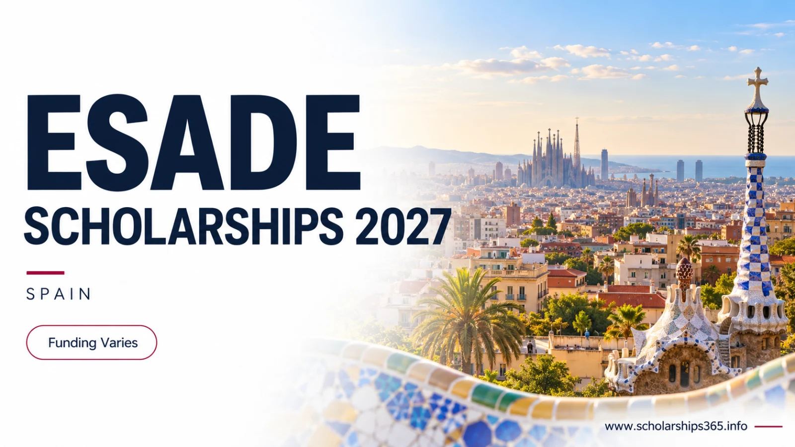 Esade Scholarships 2027 in Spain, with Barcelona skyline illustration and Funding Varies label