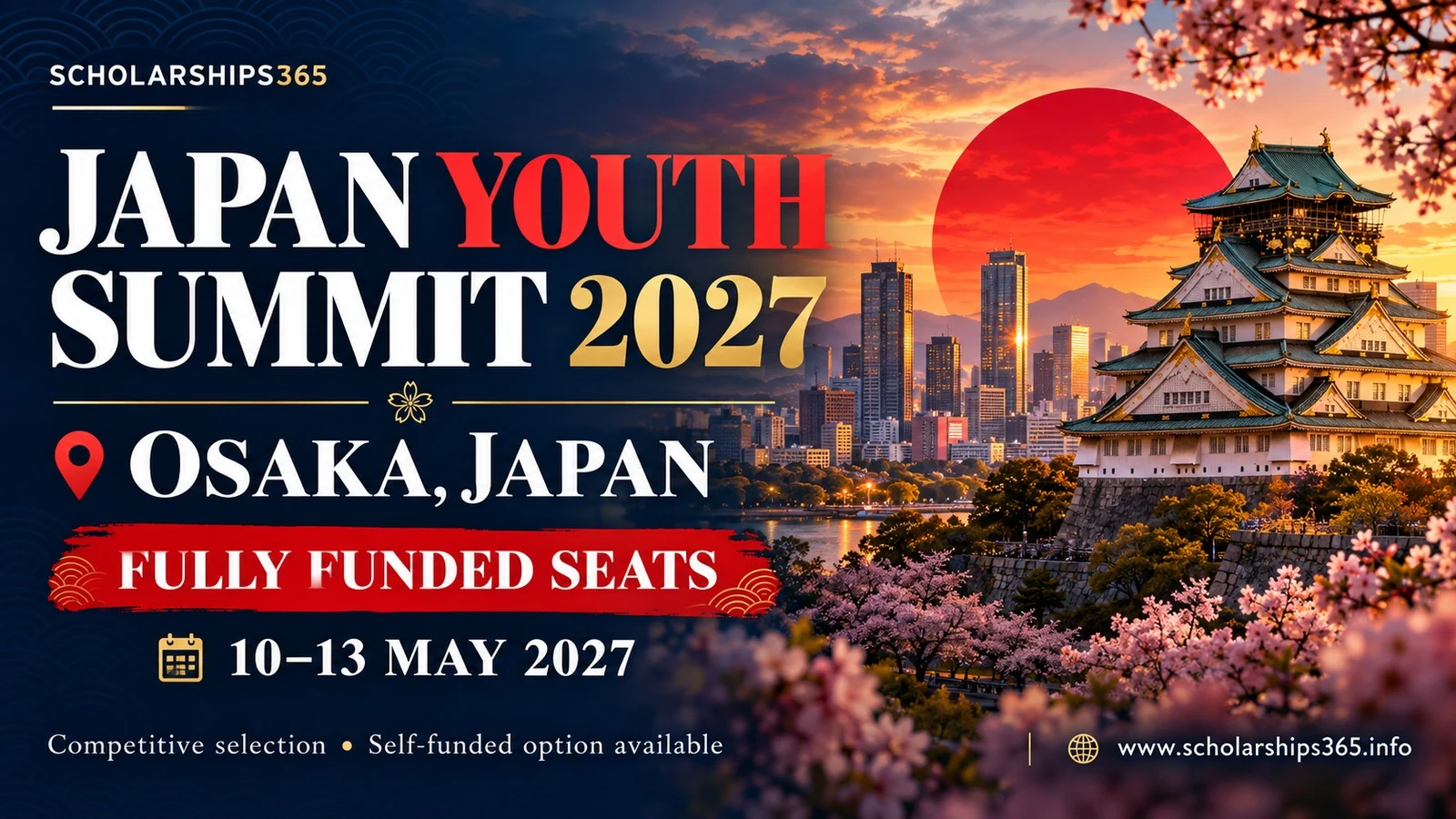 Japan Youth Summit 2027 featured poster showing Osaka Castle at sunset, fully funded seats and event dates