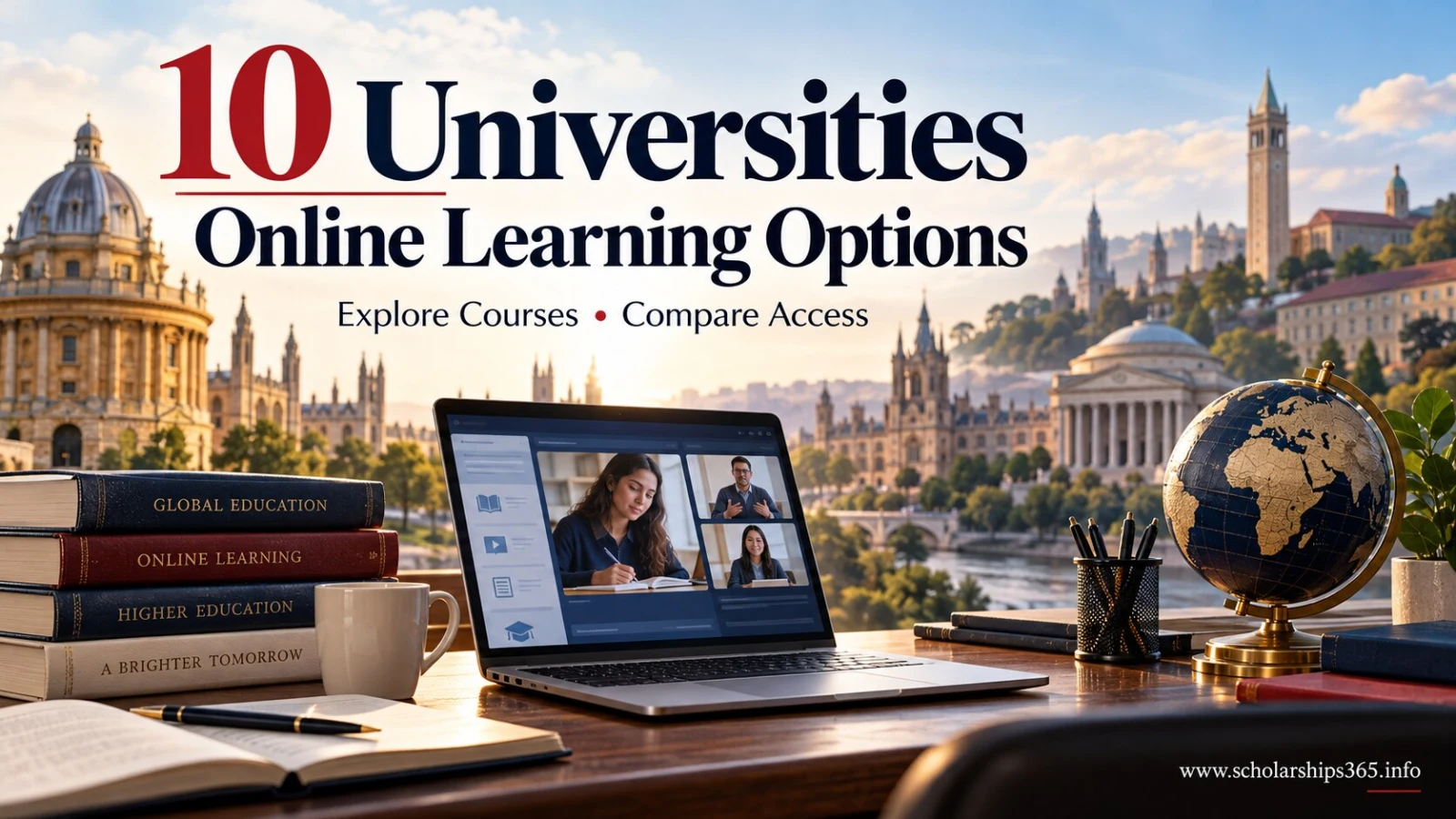 Ten universities with online learning options illustrated by a laptop, books and a globe