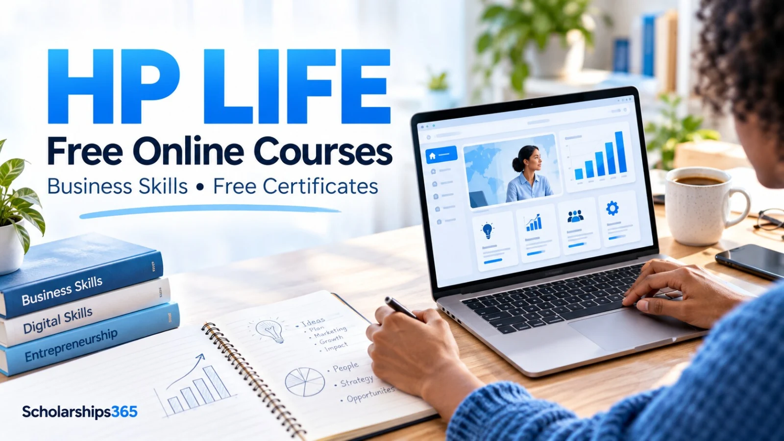 HP LIFE free online courses illustrated with a learner using a laptop and business study materials