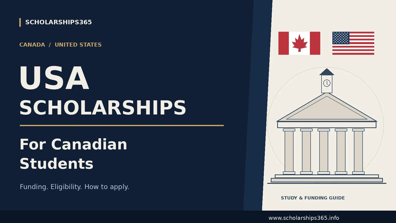 USA scholarships for Canadian students, with Canada and US flags and a university illustration