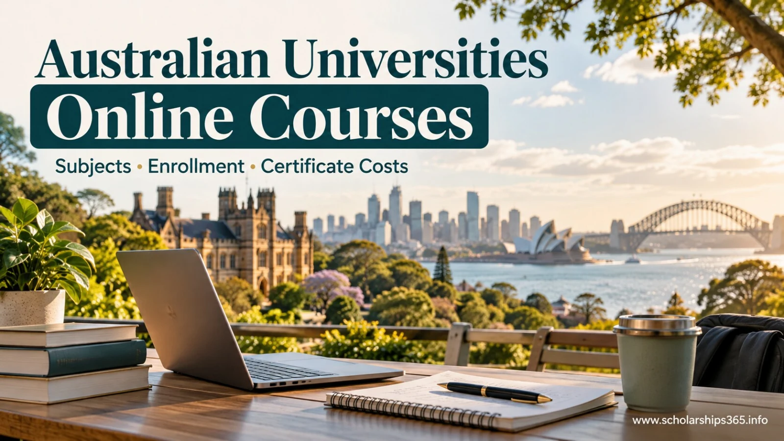 Australian university online courses with a laptop, campus and Sydney harbour