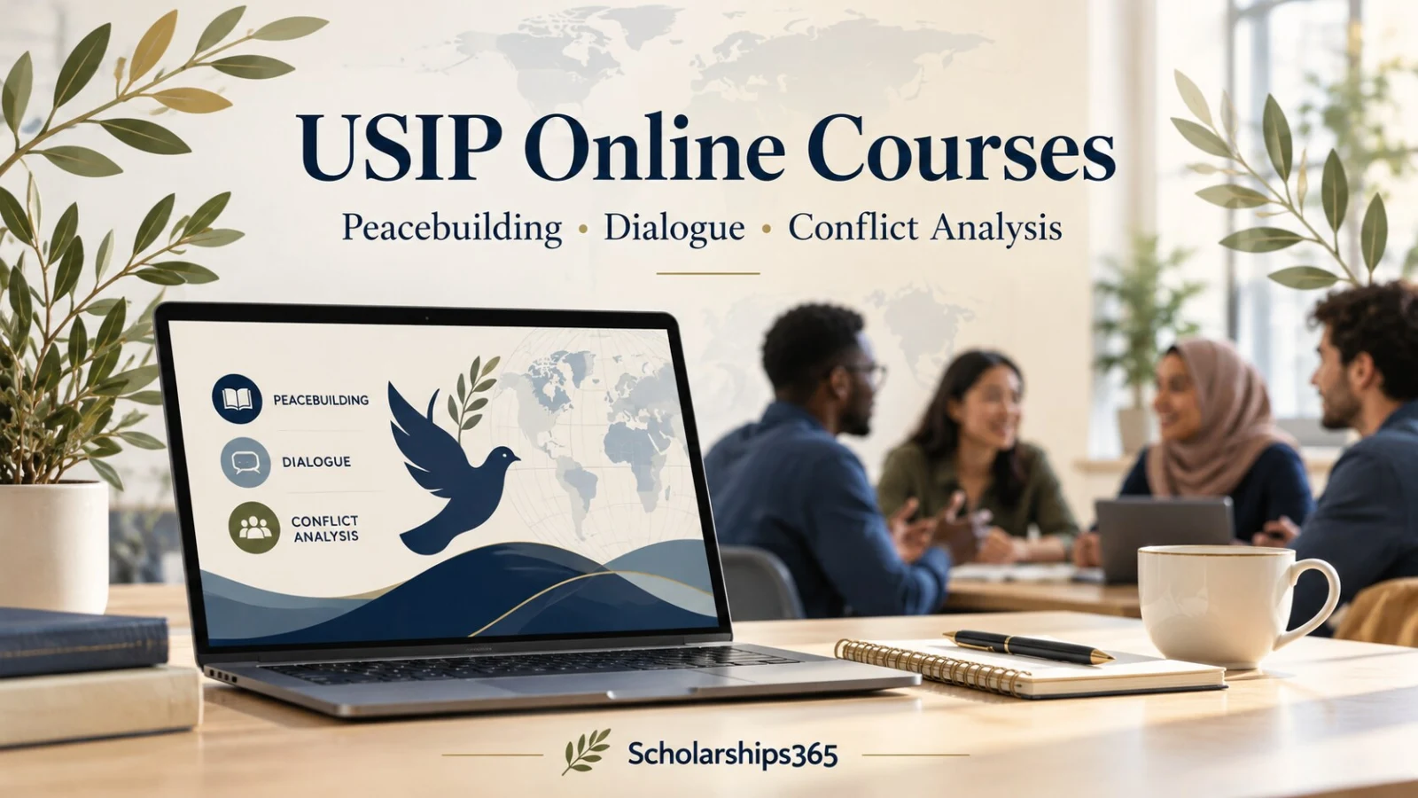 USIP online courses illustrated with a laptop, olive branches and a group discussion