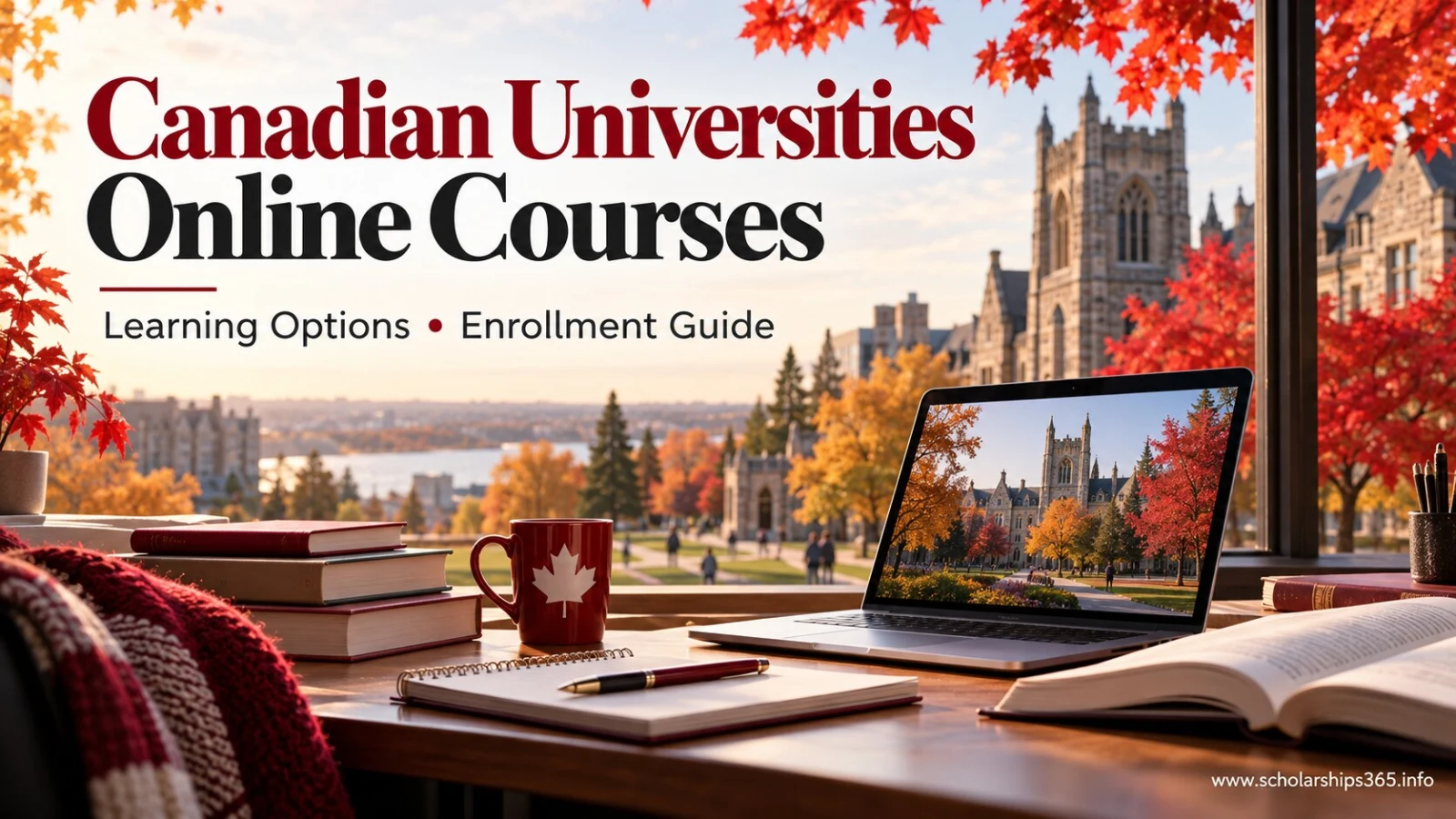 Canadian university online courses illustrated with a laptop, campus and autumn maple leaves