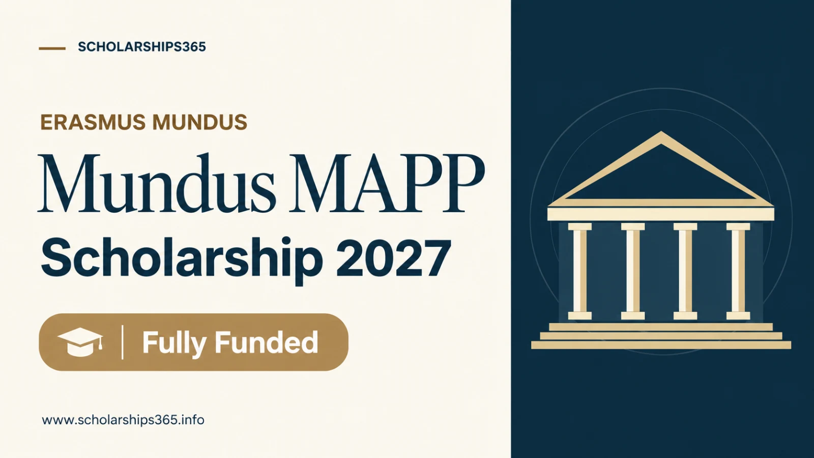 Erasmus Mundus MAPP Scholarship 2027 - Fully Funded, in a cream, navy and gold Scholarships365 design.
