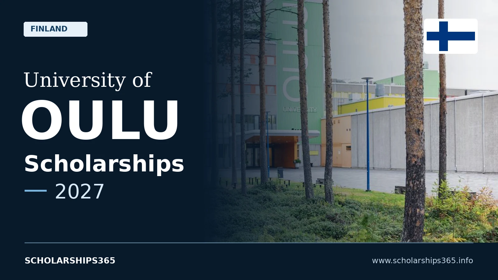 University of Oulu Scholarships 2027 in Finland, with a navy design, campus photograph and Scholarships365 branding.